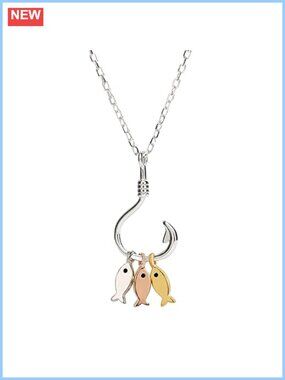 Dainty 3 Fish on Hook Pendant Necklace Sterling Silver 14K Gold Plated 16+2"